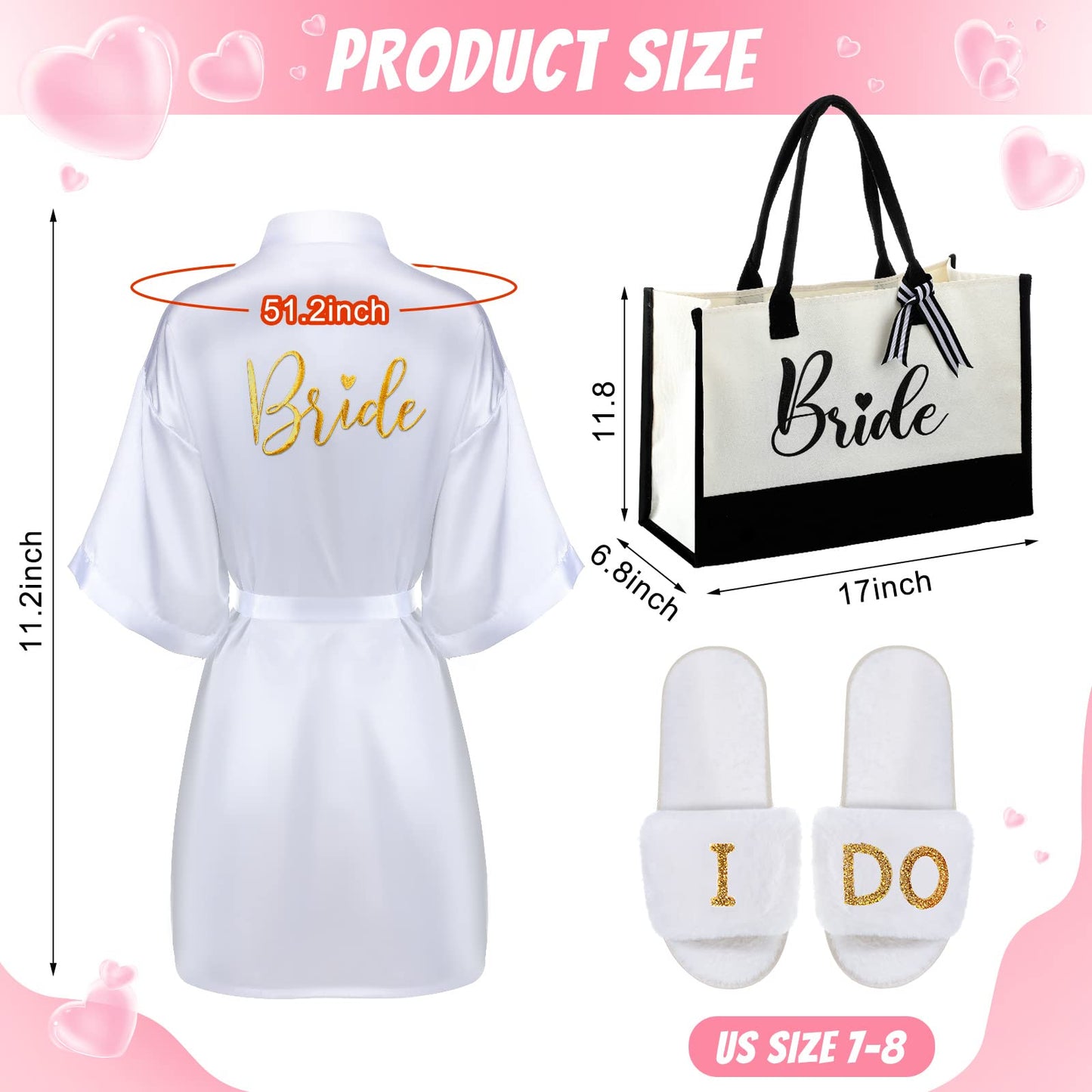 3 Pcs Women's Bride Robe & Slippers Wedding Set