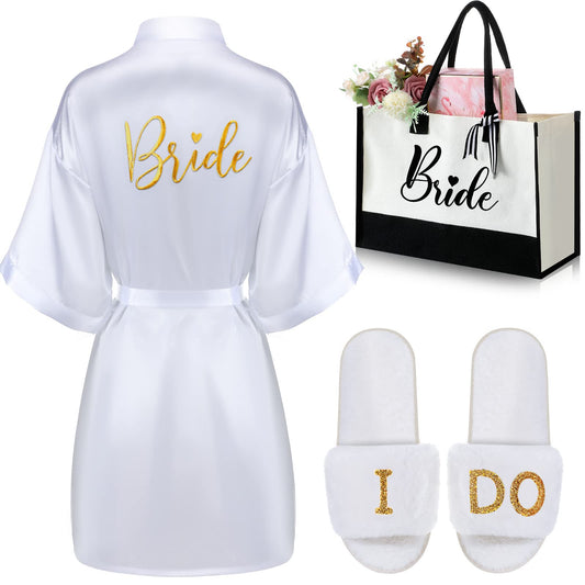 3 Pcs Women's Bride Robe & Slippers Wedding Set