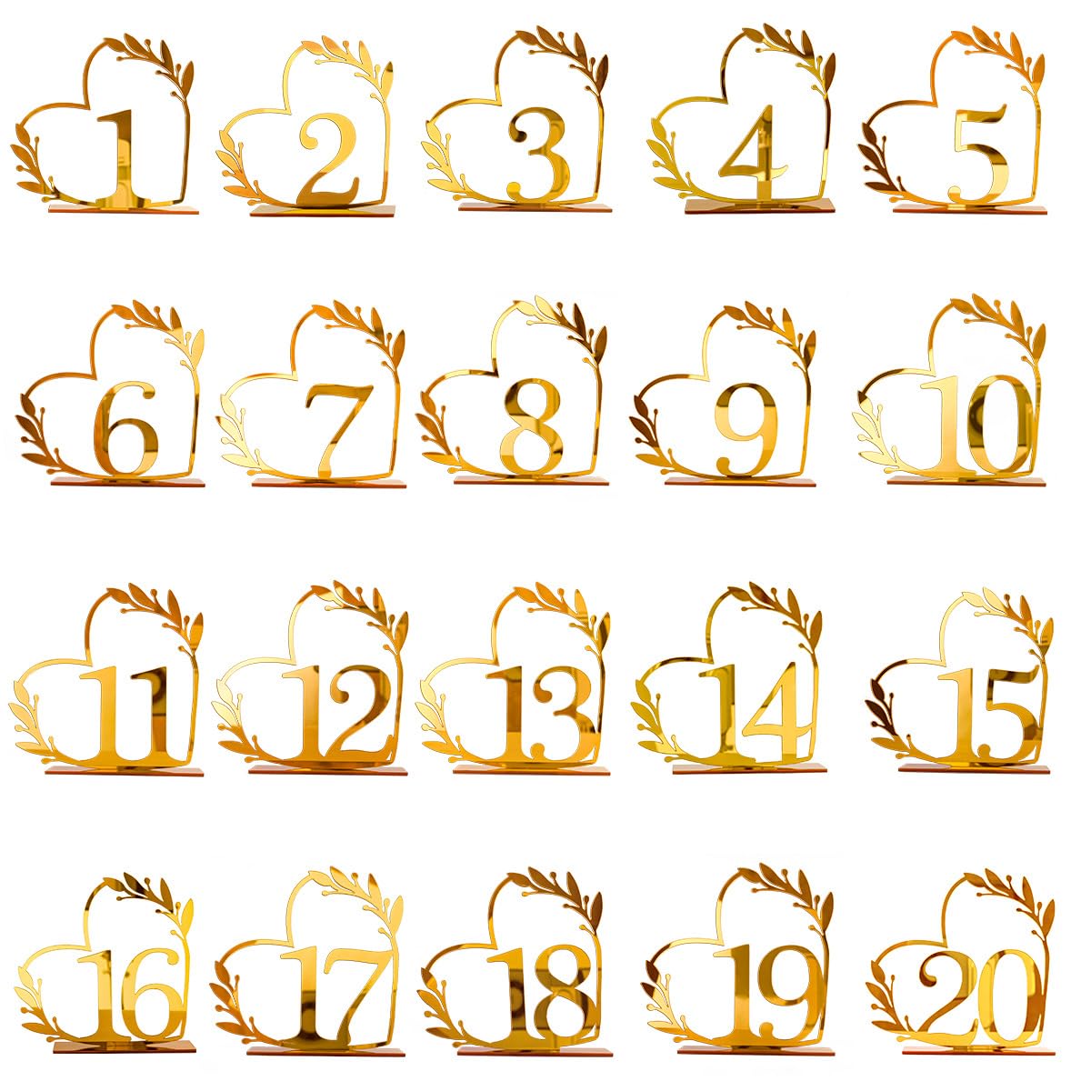 Gold Acrylic Heart-Shaped Table Numbers 1-20