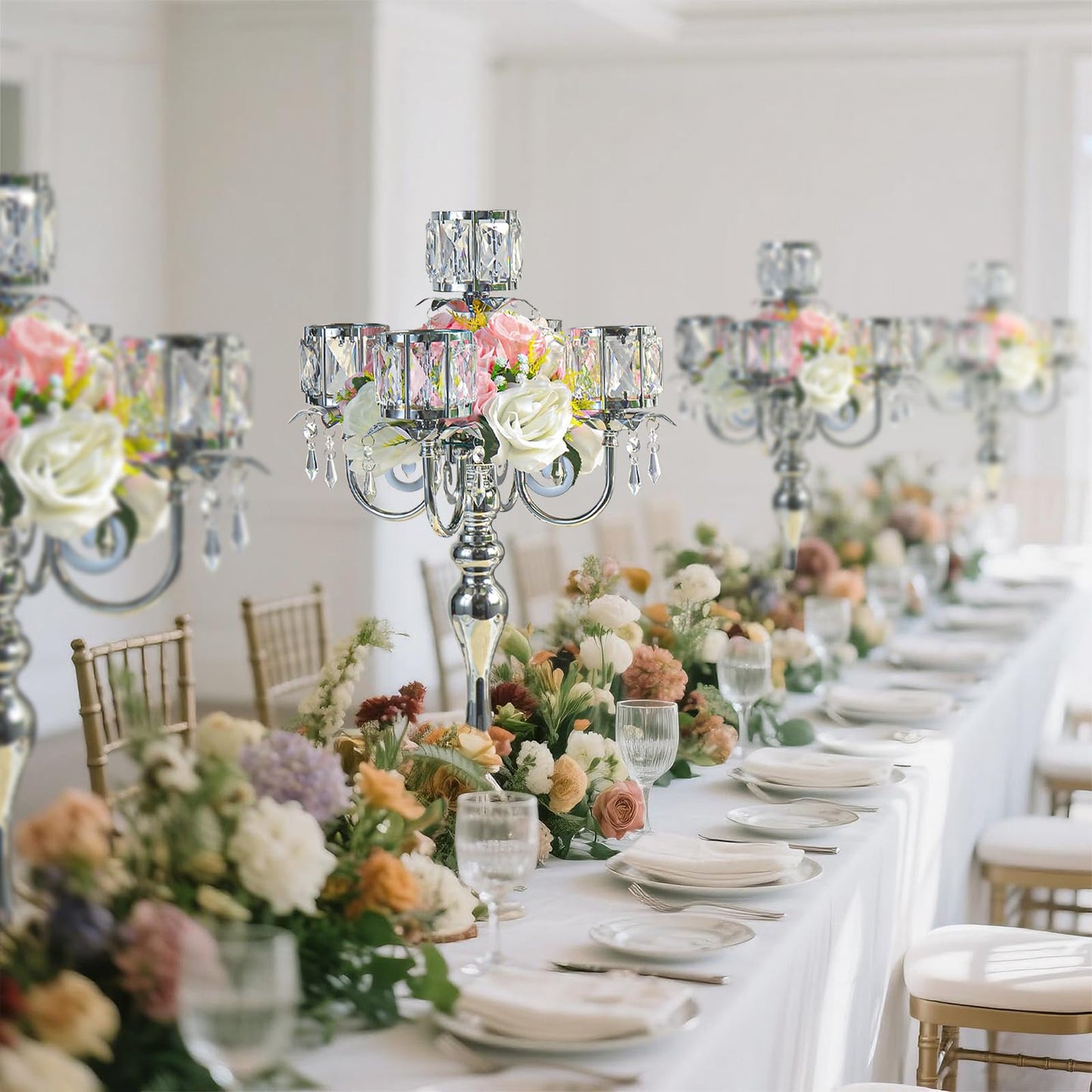 5-Arm Crystal Pendant Metal Candle Holder