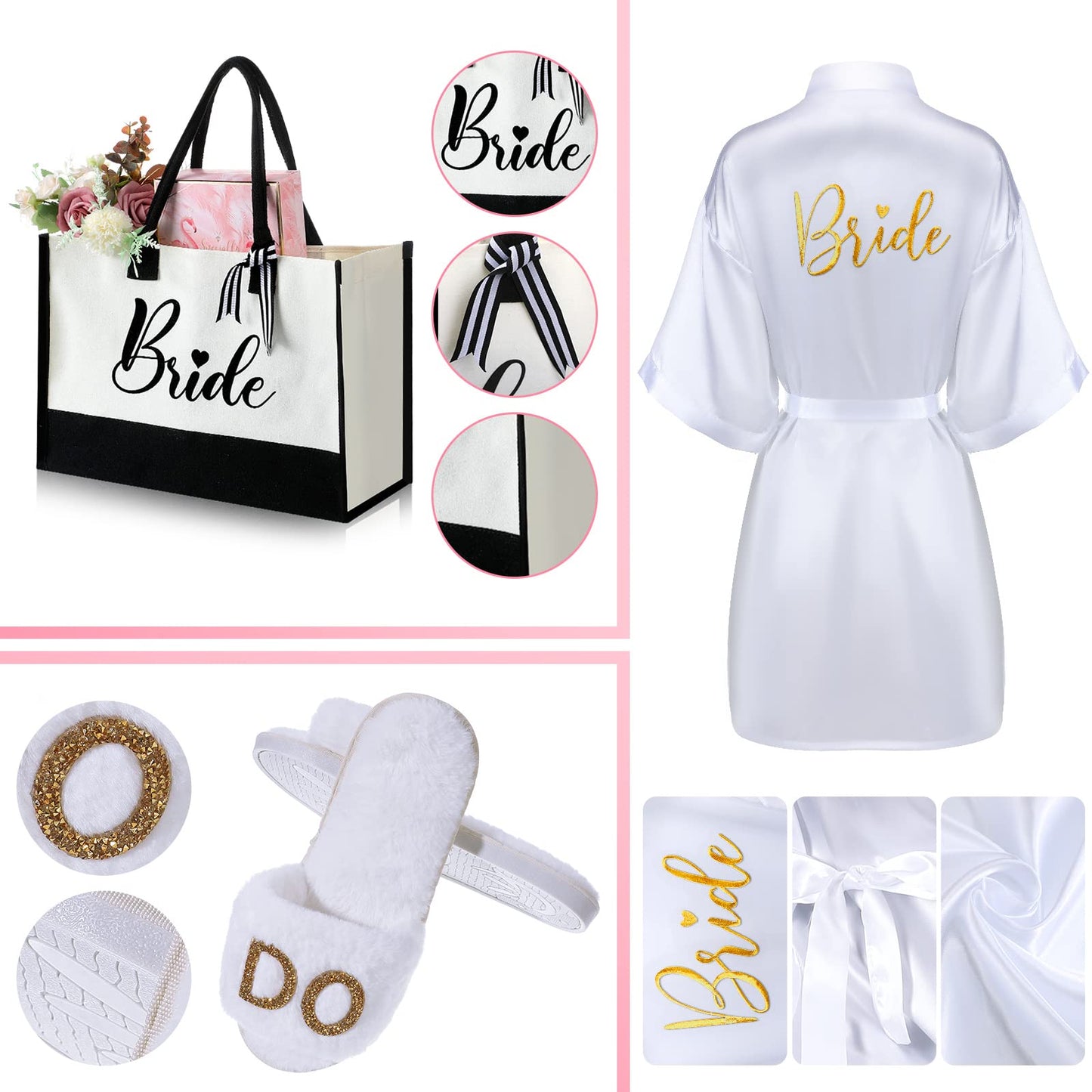 3 Pcs Women's Bride Robe & Slippers Wedding Set