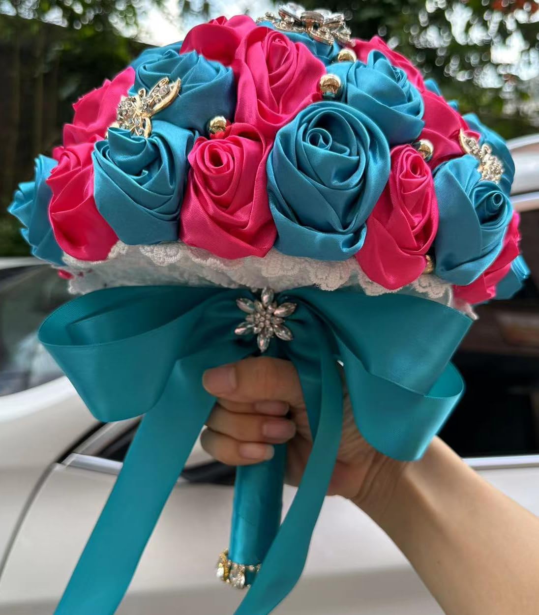 You Forever  8.3" Handmade Satin Rose Bridal Bouquet