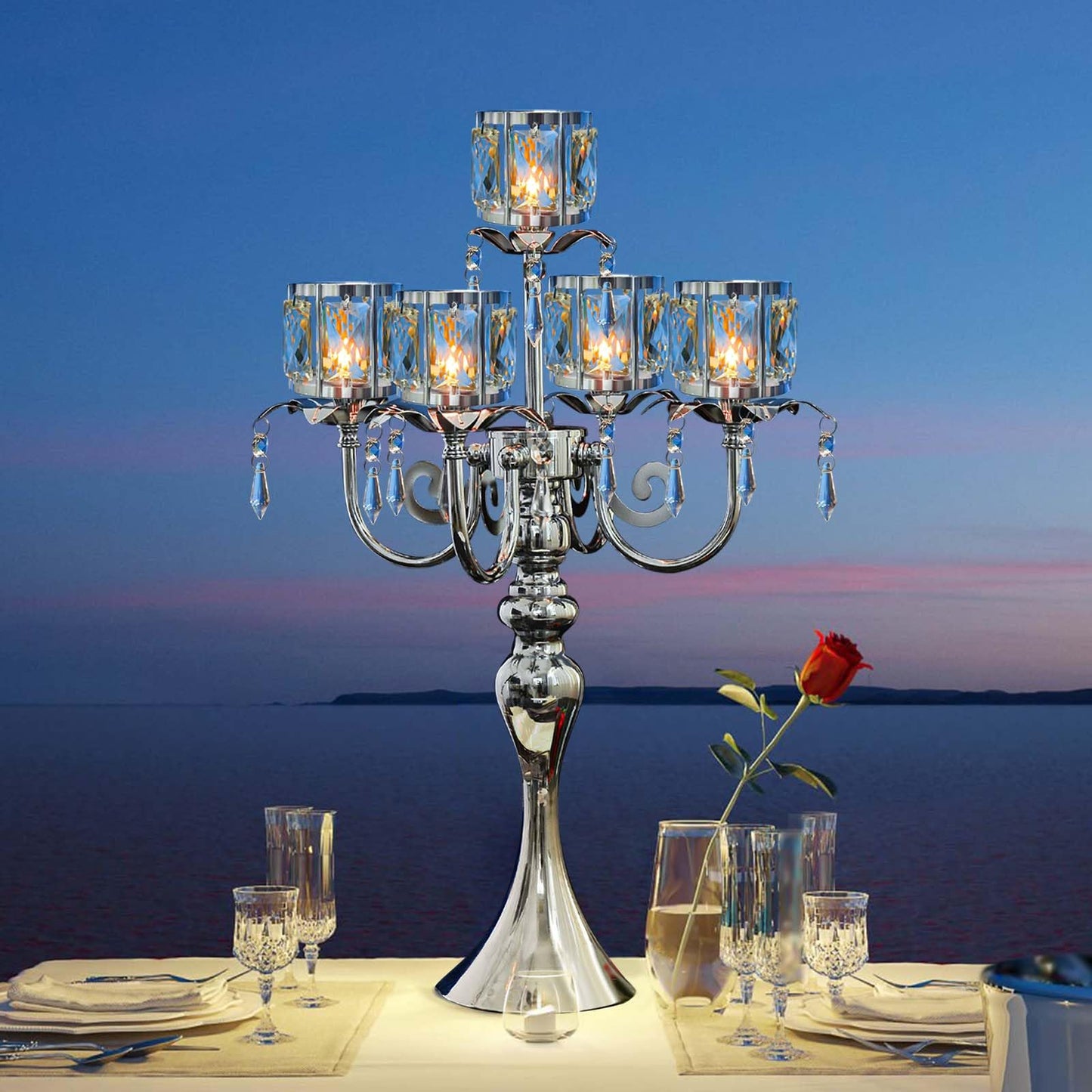 5-Arm Crystal Pendant Metal Candle Holder
