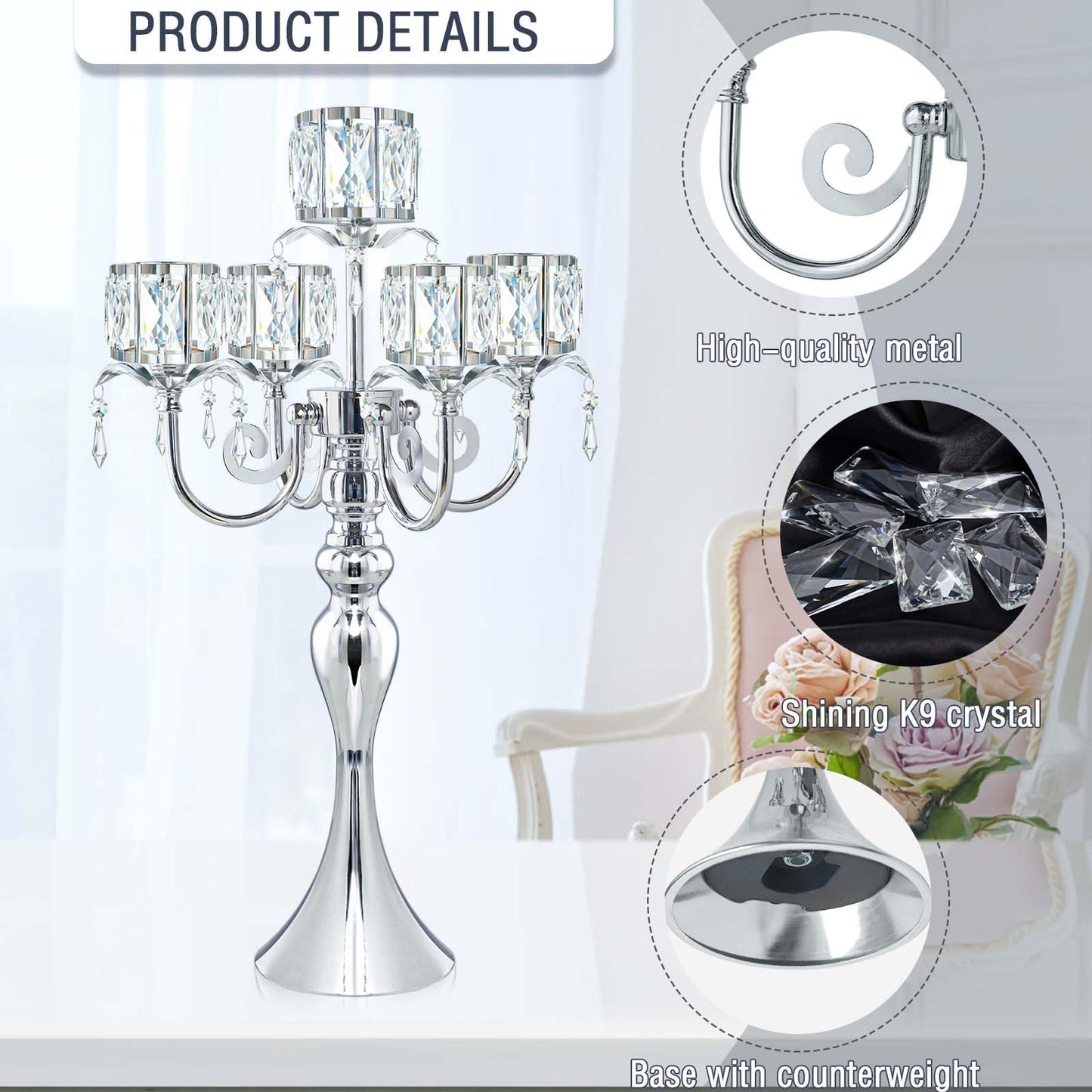 5-Arm Crystal Pendant Metal Candle Holder