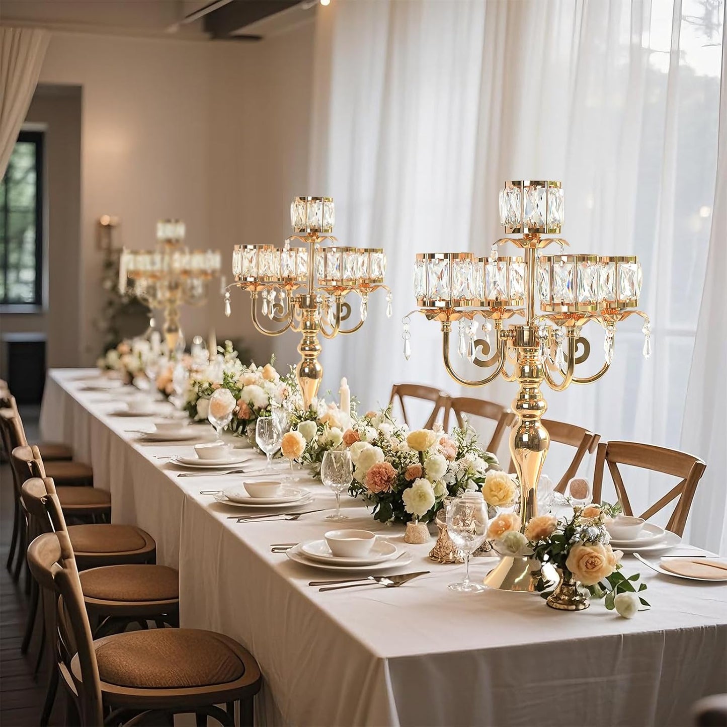 5-Arm Crystal Pendant Metal Candle Holder