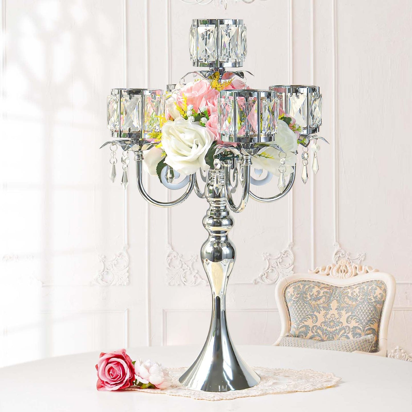 5-Arm Crystal Pendant Metal Candle Holder