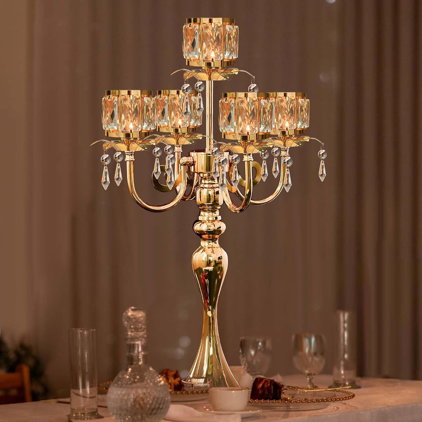 5-Arm Crystal Pendant Metal Candle Holder