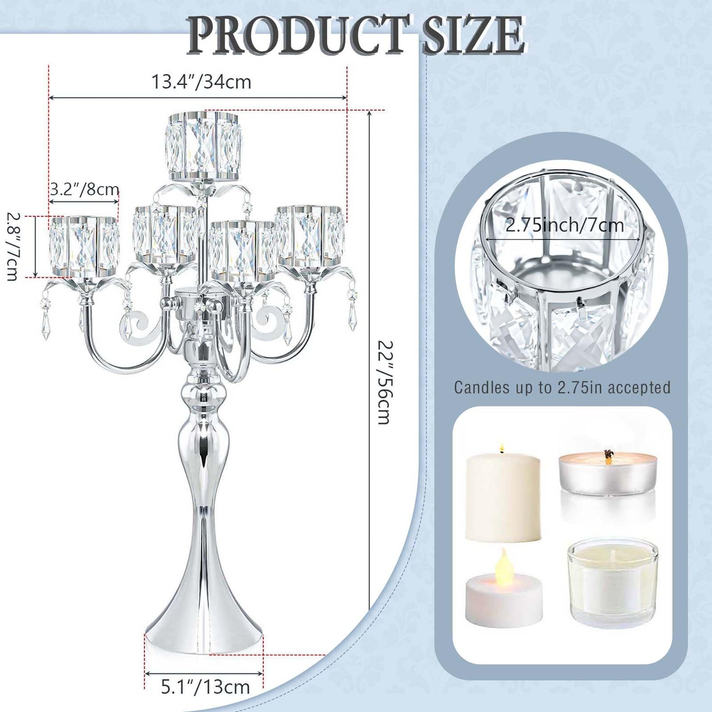 5-Arm Crystal Pendant Metal Candle Holder