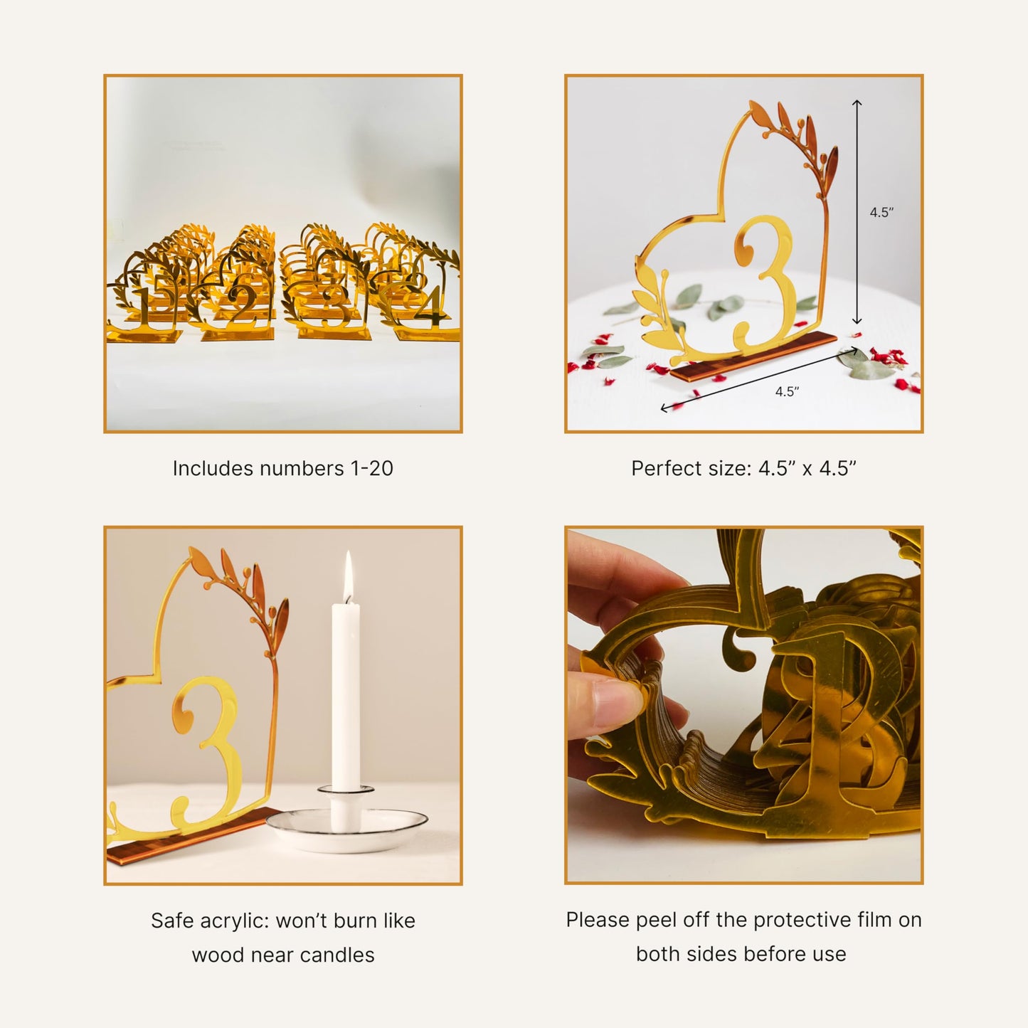 Gold Acrylic Heart-Shaped Table Numbers 1-20