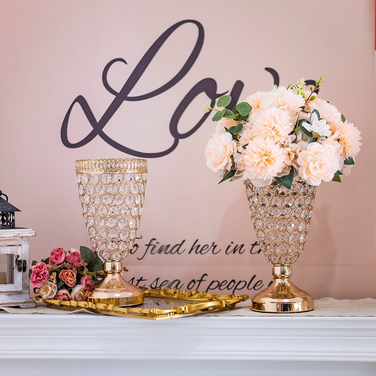 Gold Crystal Trumpet Floral Vase -2 Pcs